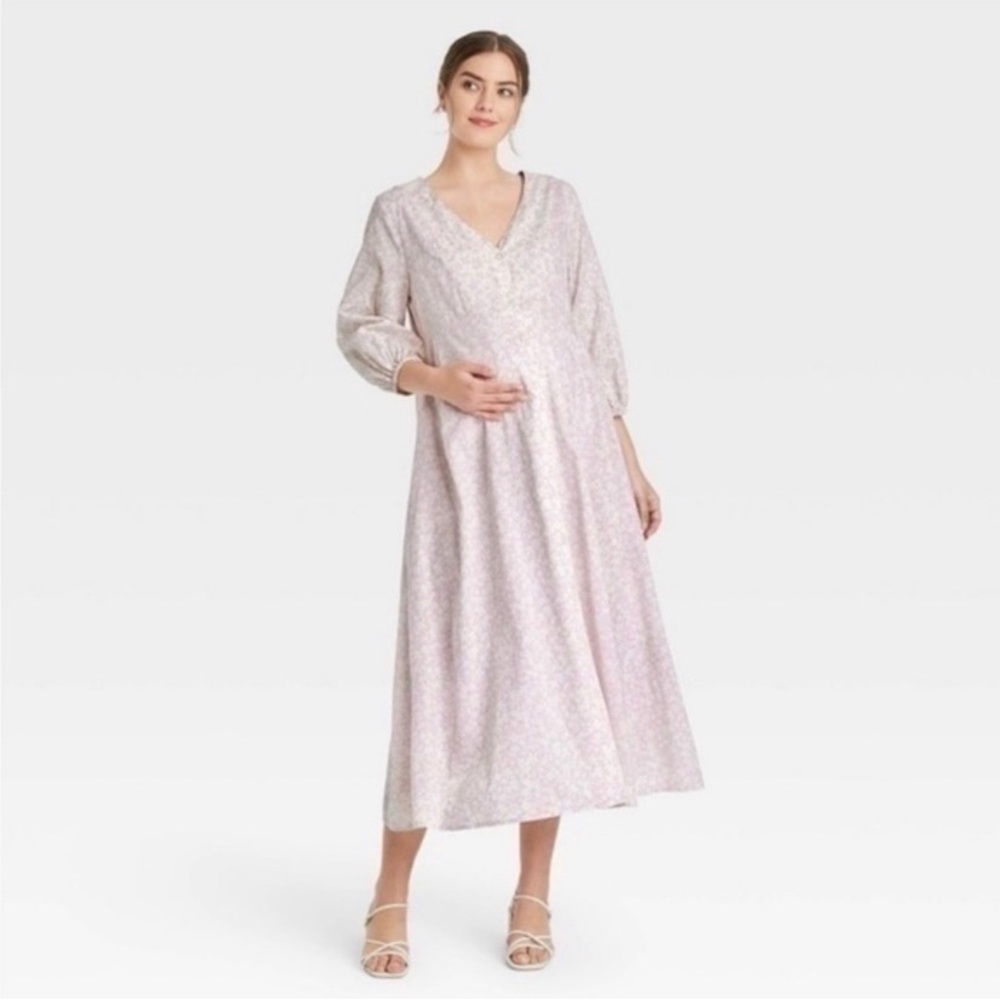 THE NINES BY HATCH floral 3/4 sleeve button front poplin maternity dress sz M